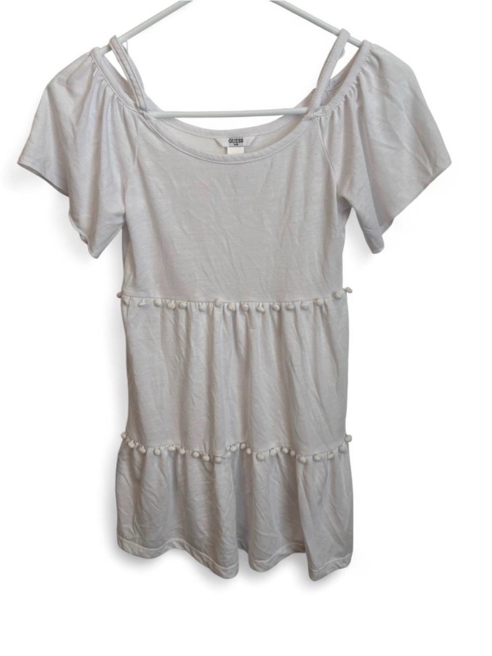 GUESS Kids Girls Medium 10-12 White Cold Shoulder Tiered Pom Pom Dress Flowy